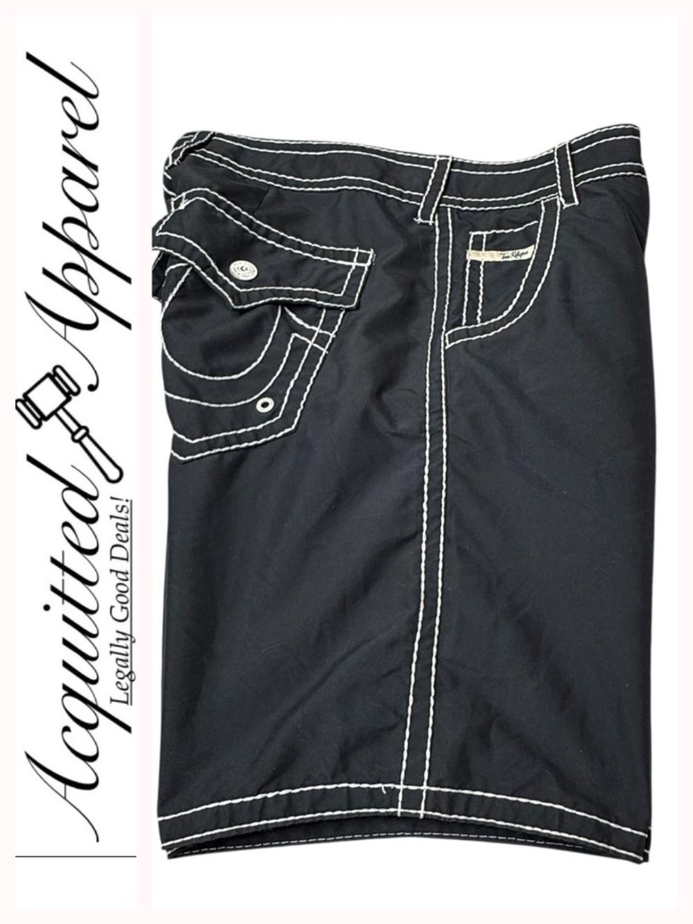 True Religion Men’s Black Swim Trunks White Stitching